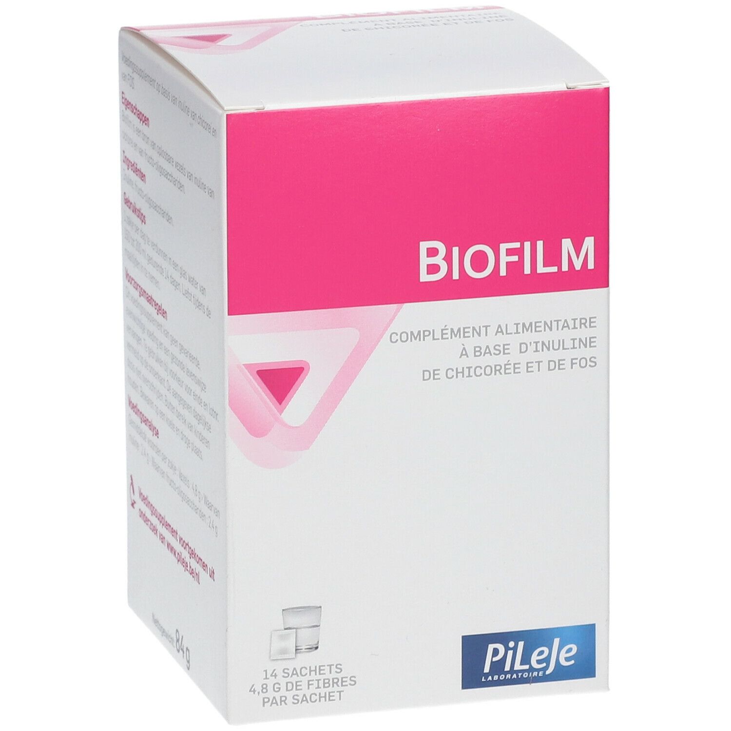 Boîte "Biofilm" en biais. Blanc et rose. Contient 14 sachets. Ingrédients et informations nutritionnelles. Marque PiLeje.