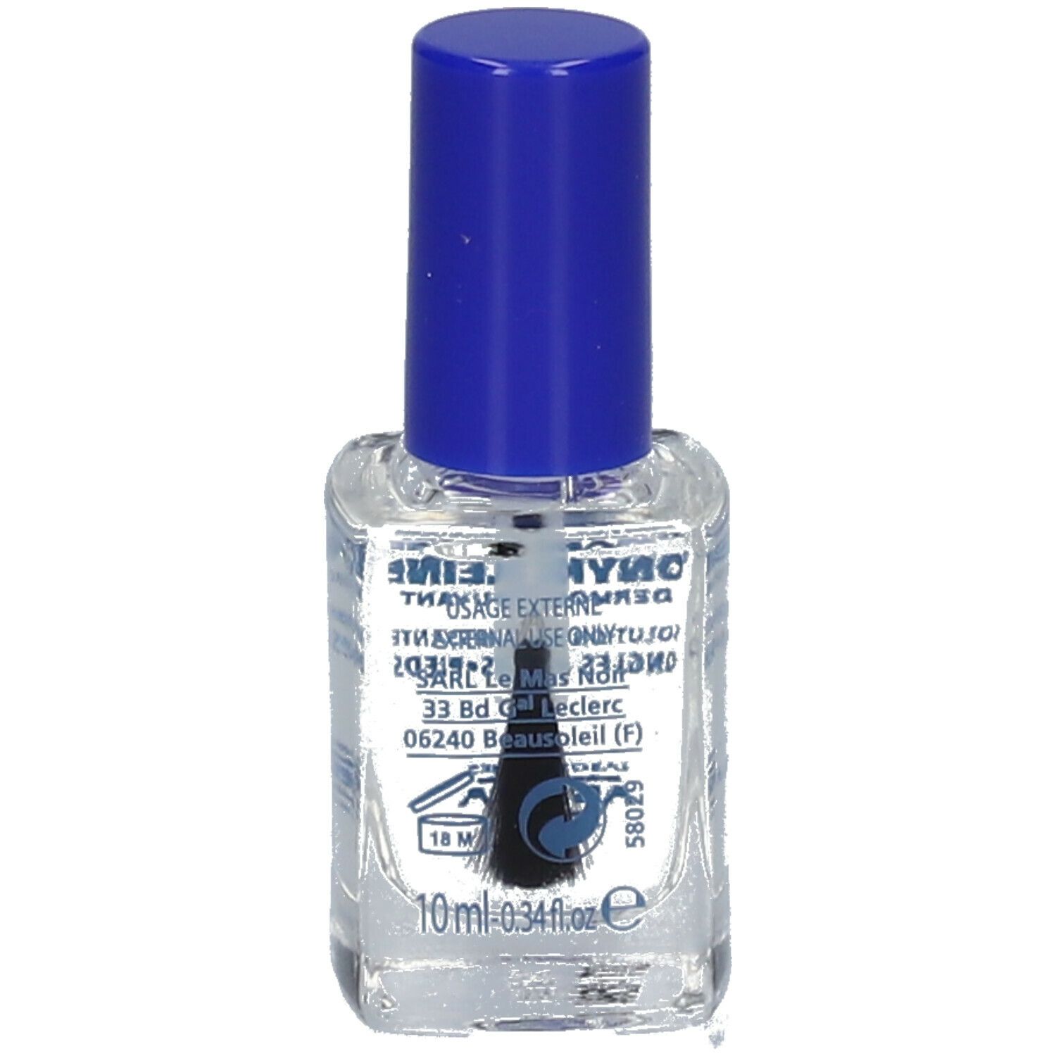 Flacon de vernis à ongles avec bouchon bleu. Inscription: Onykoleine. Contient 10 ml. Avec pinceau.