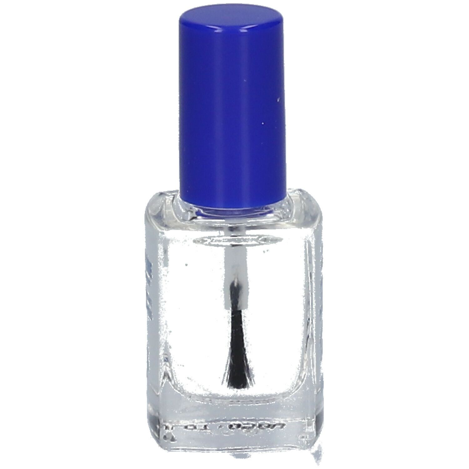 Flacon de vernis à ongles transparent avec bouchon bleu et pinceau. Forme carrée, liquide transparent.