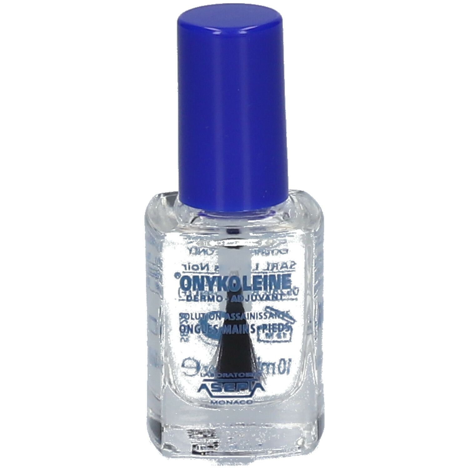 Flacon de vernis à ongles avec bouchon bleu. Inscription: Onykoleine. Avec pinceau.