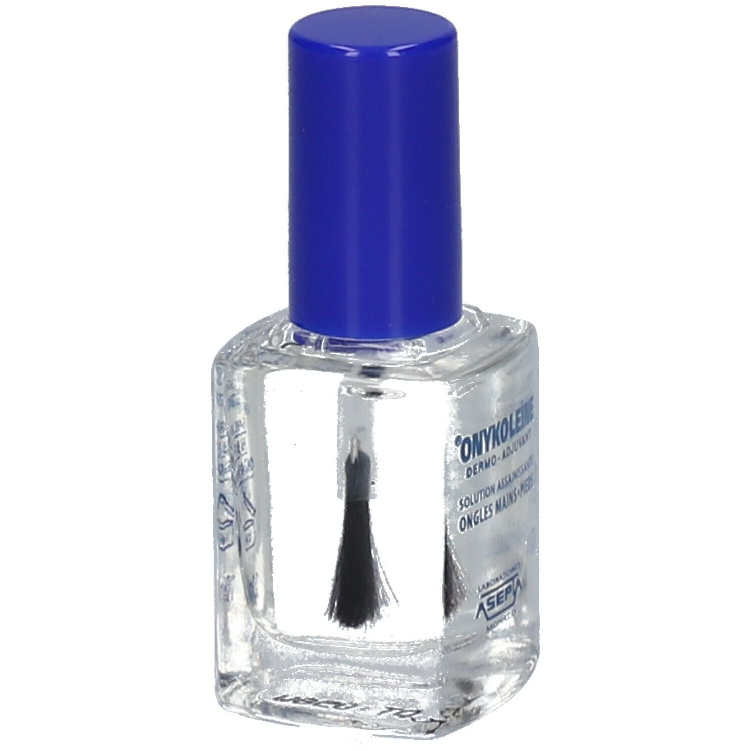 Flacon de vernis à ongles avec bouchon bleu. Inscription: Onykoleine. Avec pinceau.