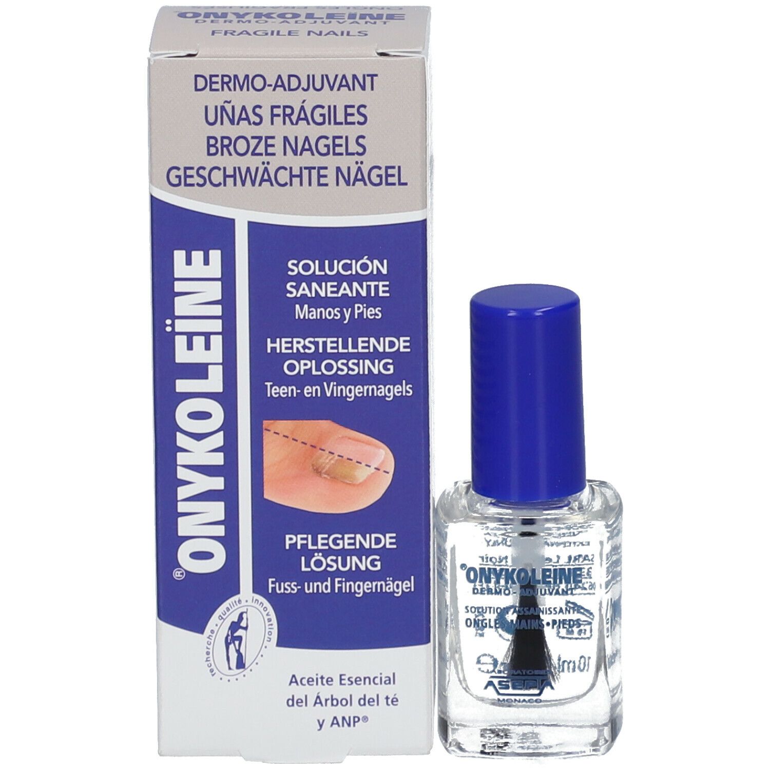 Flacon de vernis à ongles avec bouchon bleu et emballage. Inscription: Onykoleine. Avec pinceau.