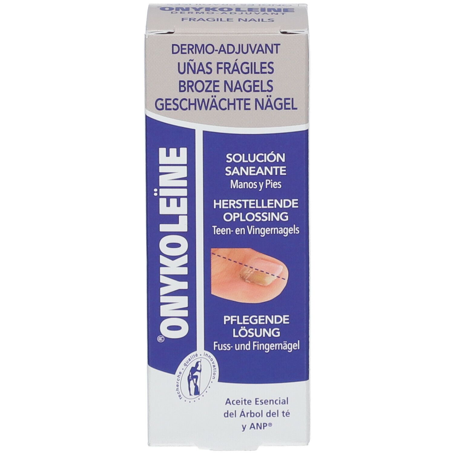 Emballage avec inscription: Onykoleine. Flacon de vernis à ongles avec bouchon bleu et pinceau.