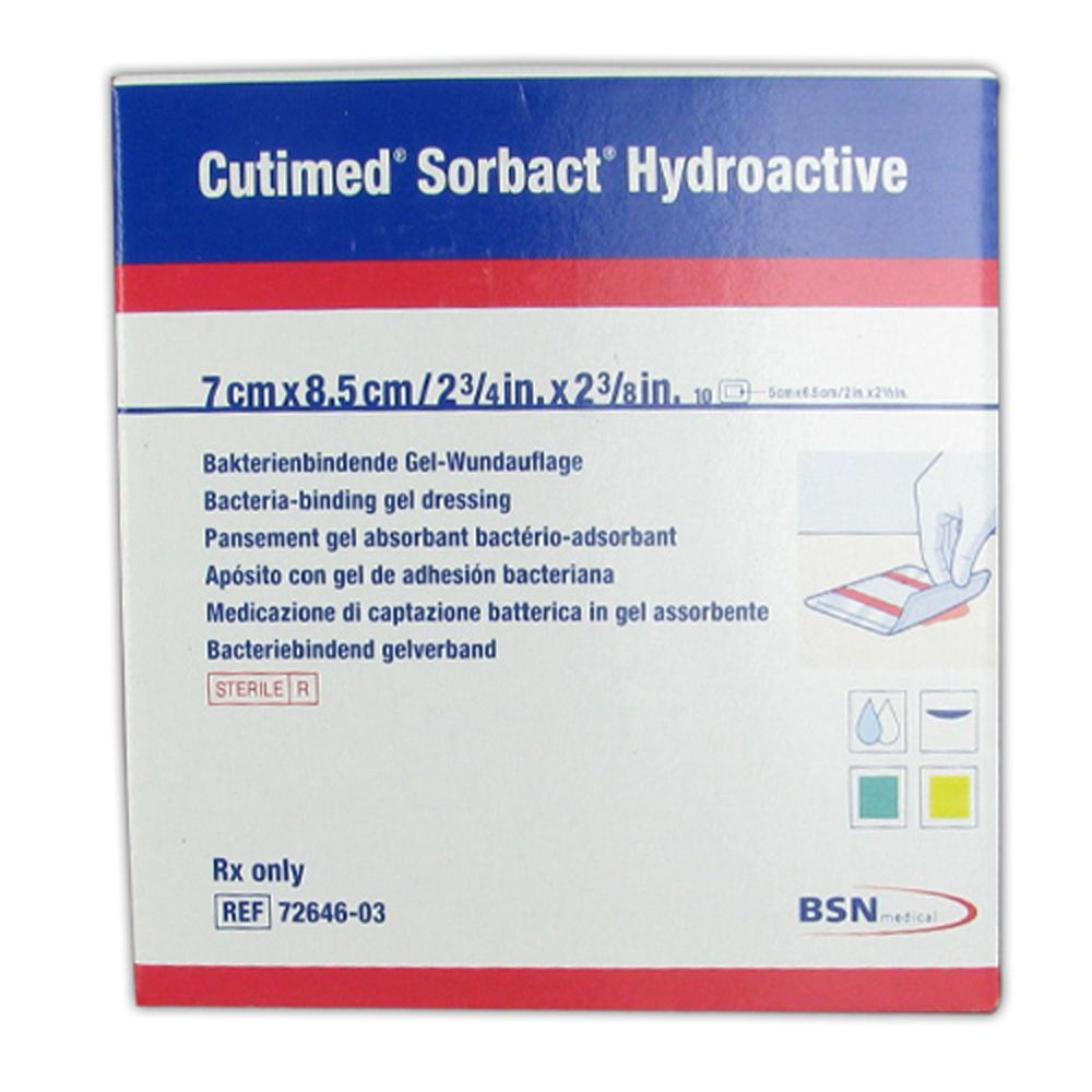 Boîte de Cutimed Sorbact Hydroactive, 7cm x 8,5cm. Pansement gel absorbant bactérien. Stérile.