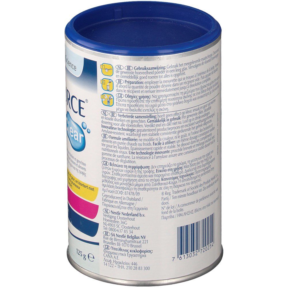 Boîte cylindrique avec couvercle bleu. Inscription "Resource Thickenup Clear". Texte au dos et code-barres. 125 g.