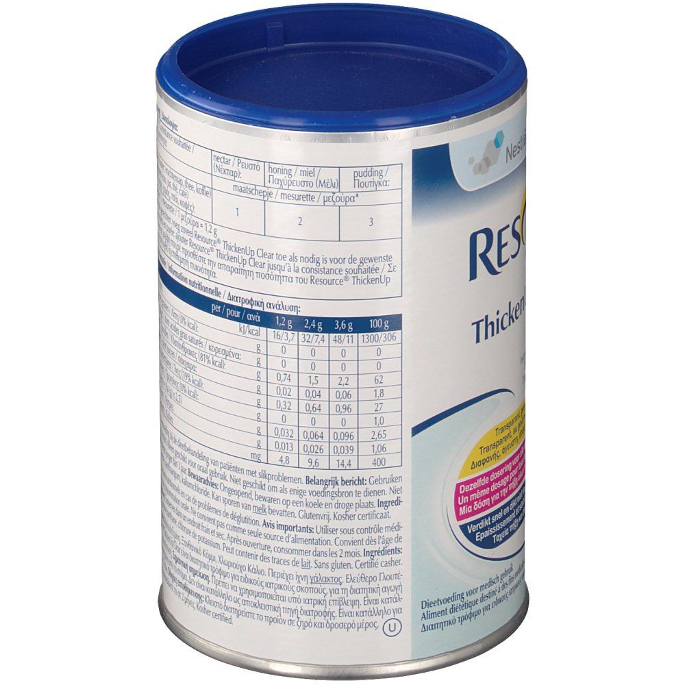 Boîte cylindrique avec couvercle bleu. Inscription "Resource Thickenup Clear". Texte au dos et informations nutritionnelles.