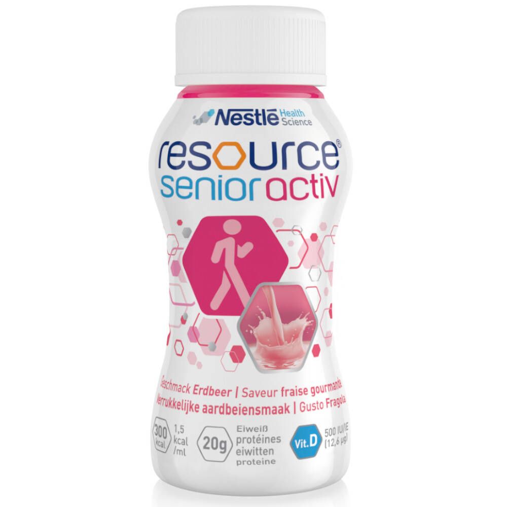 Fles met roze dop. Opschrift: Resource senior activ. Logo met persoon. Tekst: Aardbeiensmaak, eiwitten, vitamine D.