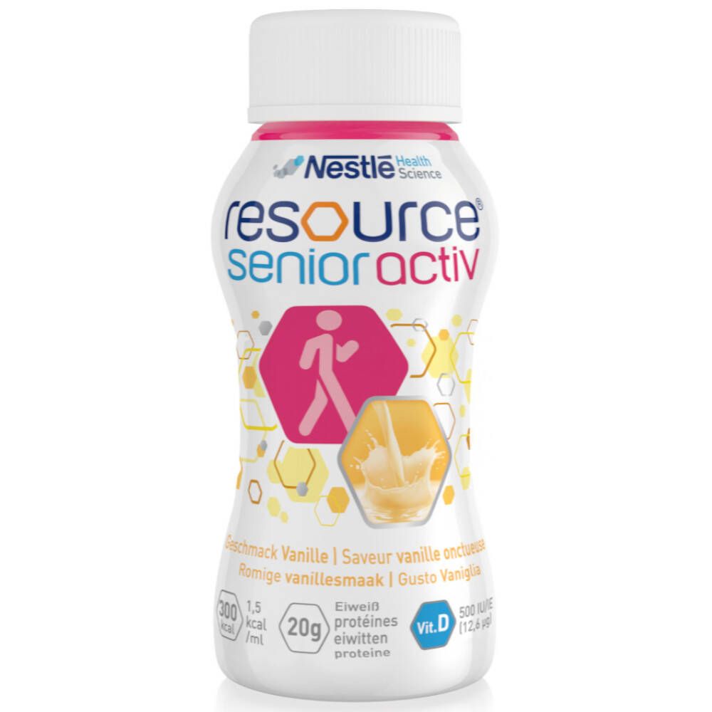 Fles met witte dop. Opschrift: Resource senior activ. Logo met persoon. Smaak vanille. Bevat eiwitten en vitamine D.