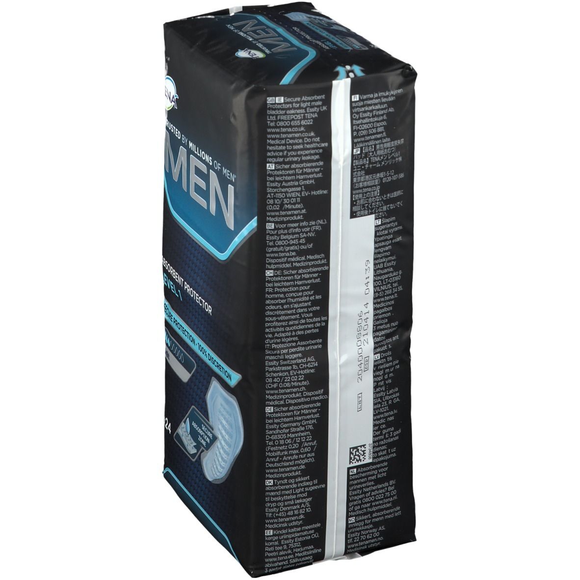 Verpakking Tena Men Level 1. Zwarte verpakking met blauwe tekst. Toont productafbeelding en tekstinformatie.