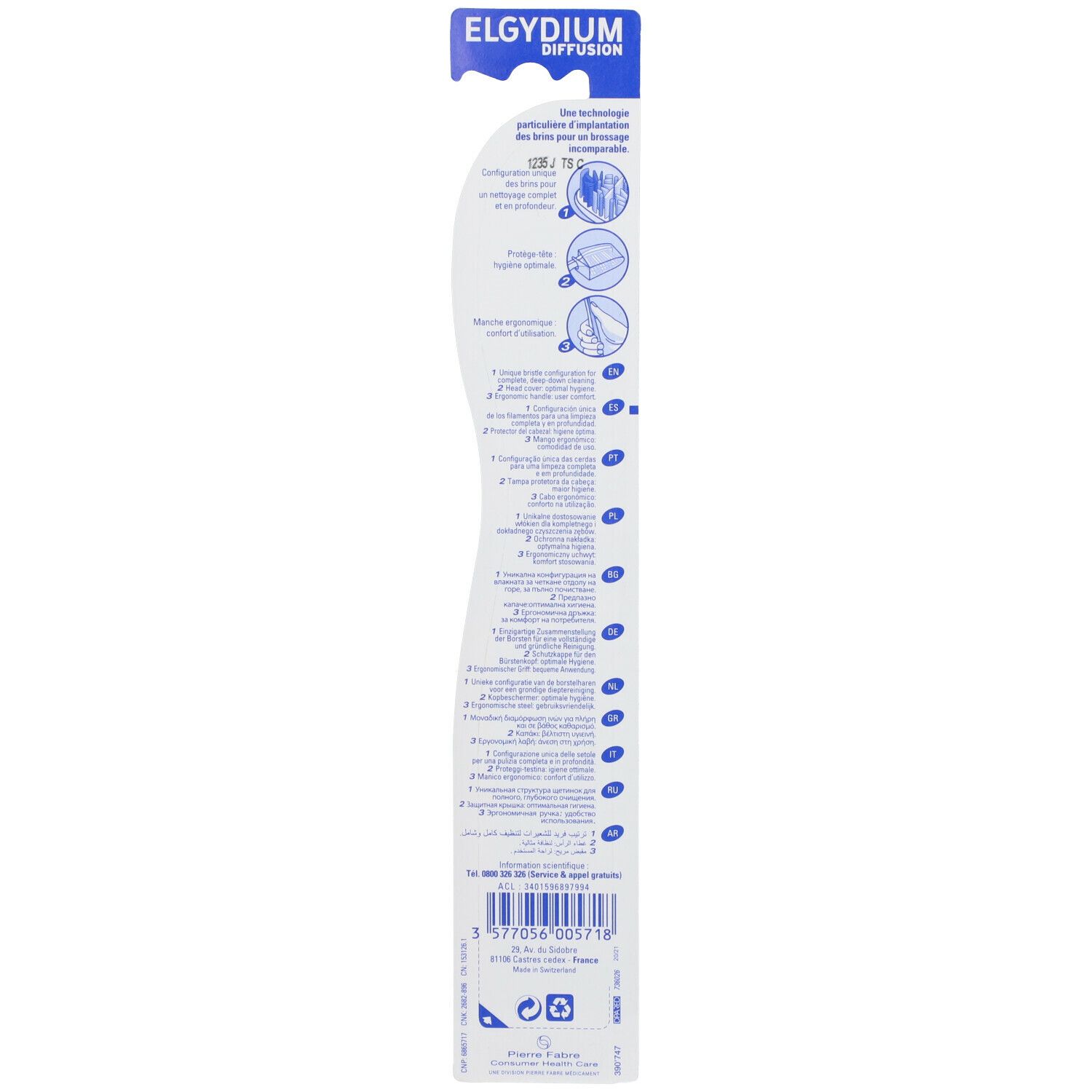 Dos de l'emballage de la brosse à dents. Texte: Elgydium Diffusion. Informations produit et code-barres.