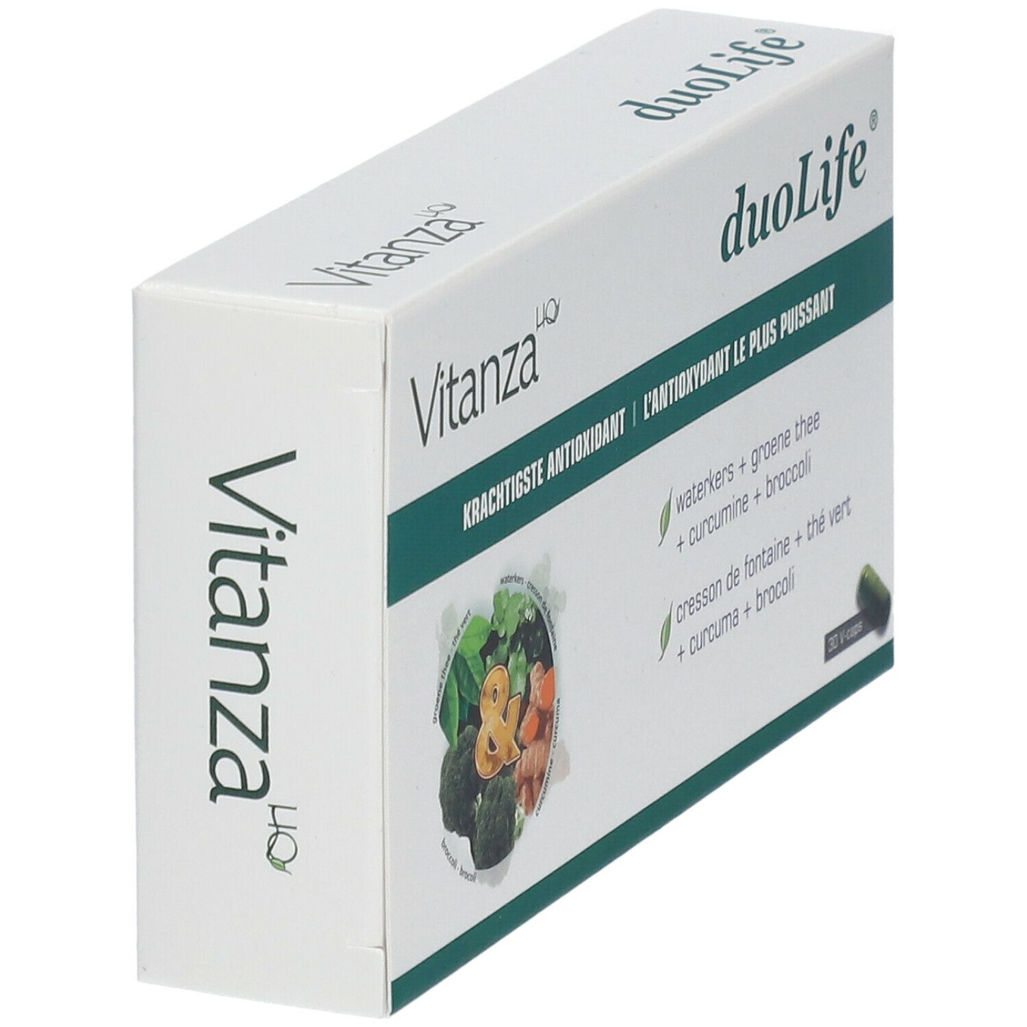 Doos met groene accenten. Opschrift: Vitanza duoLife. Ingrediënten: waterkers, groene thee, curcuma, broccoli. Zijaanzicht.