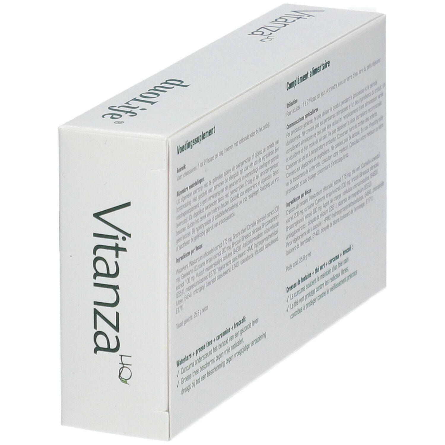 Doos met groene accenten. Opschrift: Vitanza duoLife. Achterkant met informatie over ingrediënten en gebruik.