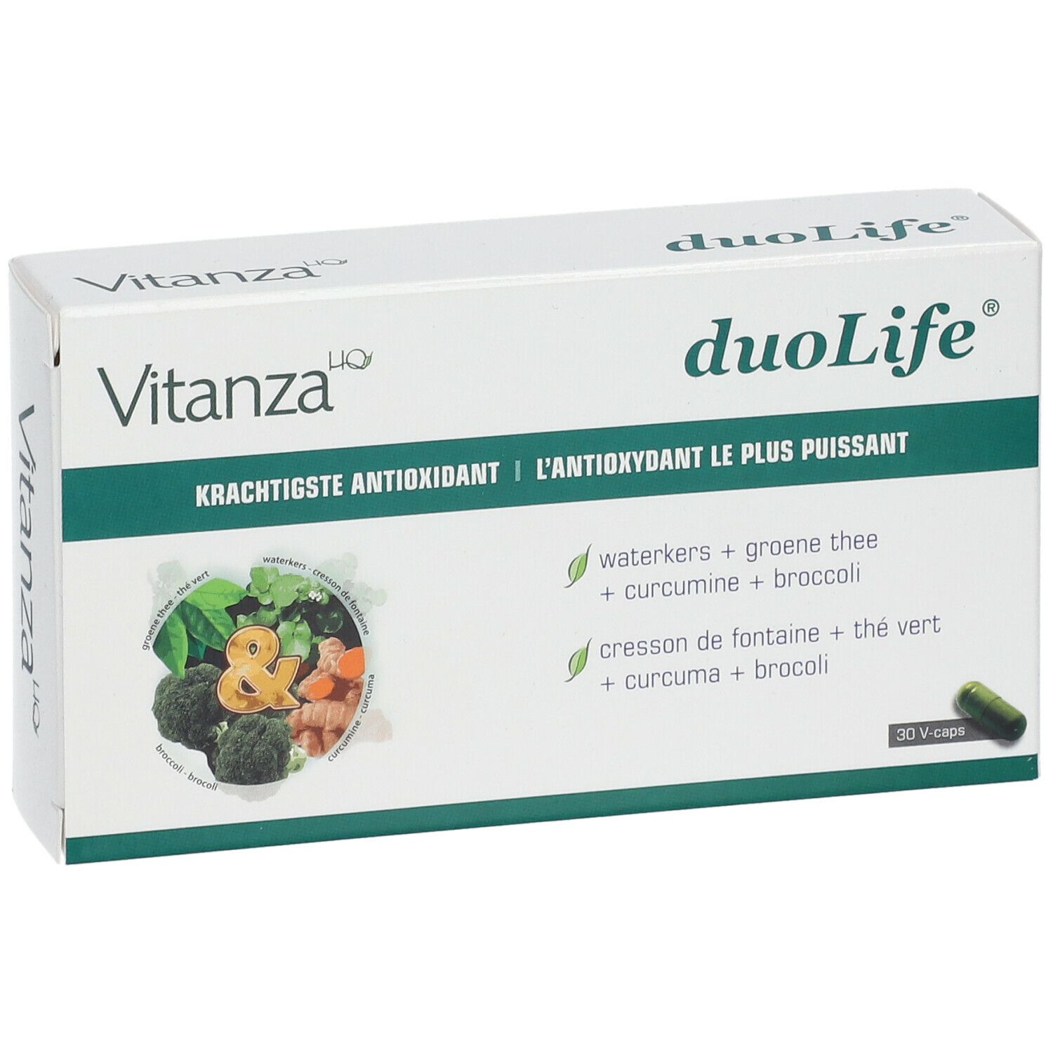 Witte doos met groene accenten. Opschrift: Vitanza duoLife. Bevat 30 capsules. Ingrediënten: waterkers, groene thee, curcuma, broccoli.