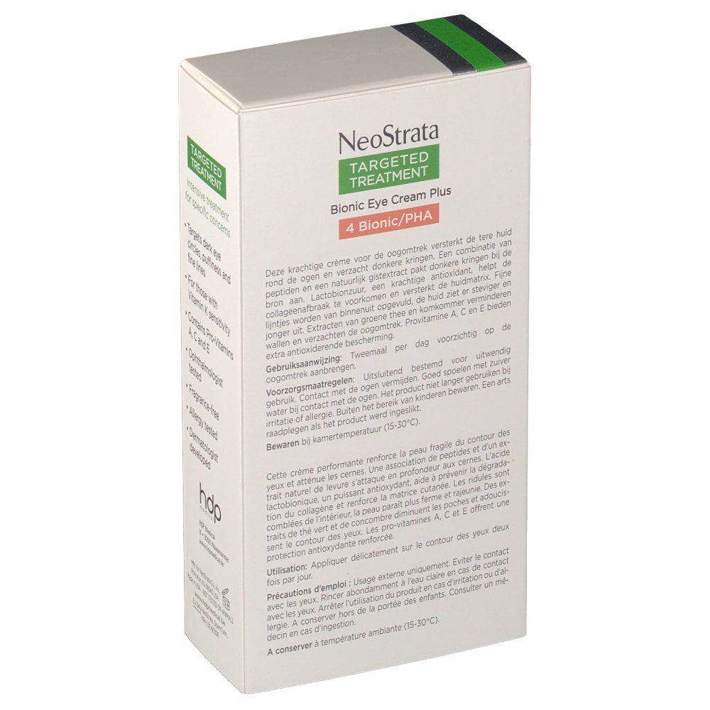 Seitenansicht der Verpackung von Neostrata Bionic Eye Cream Plus. Weiß mit grünen und schwarzen Akzenten. Text und Produktinformationen.