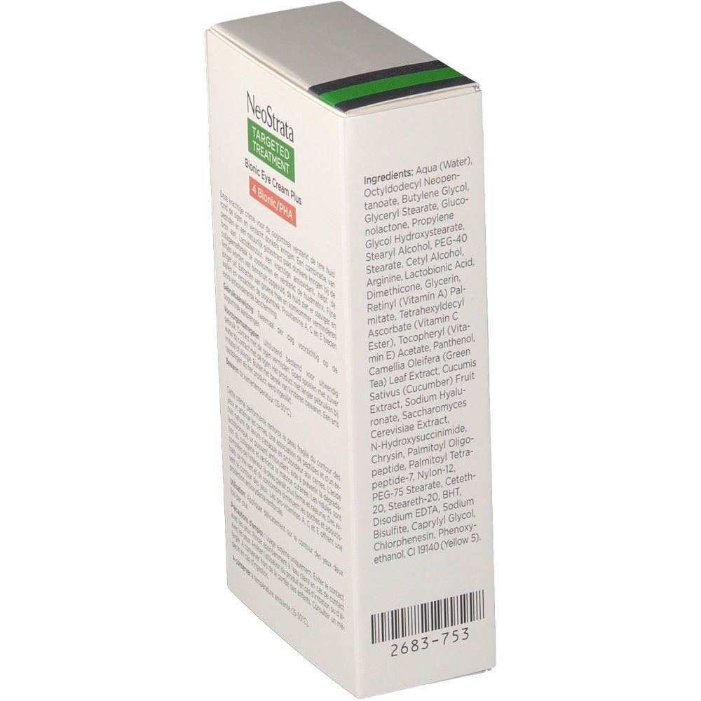 Rückseite der Verpackung von Neostrata Bionic Eye Cream Plus. Weiß mit grünen und schwarzen Akzenten. Text: Inhaltsstoffe und Barcode.