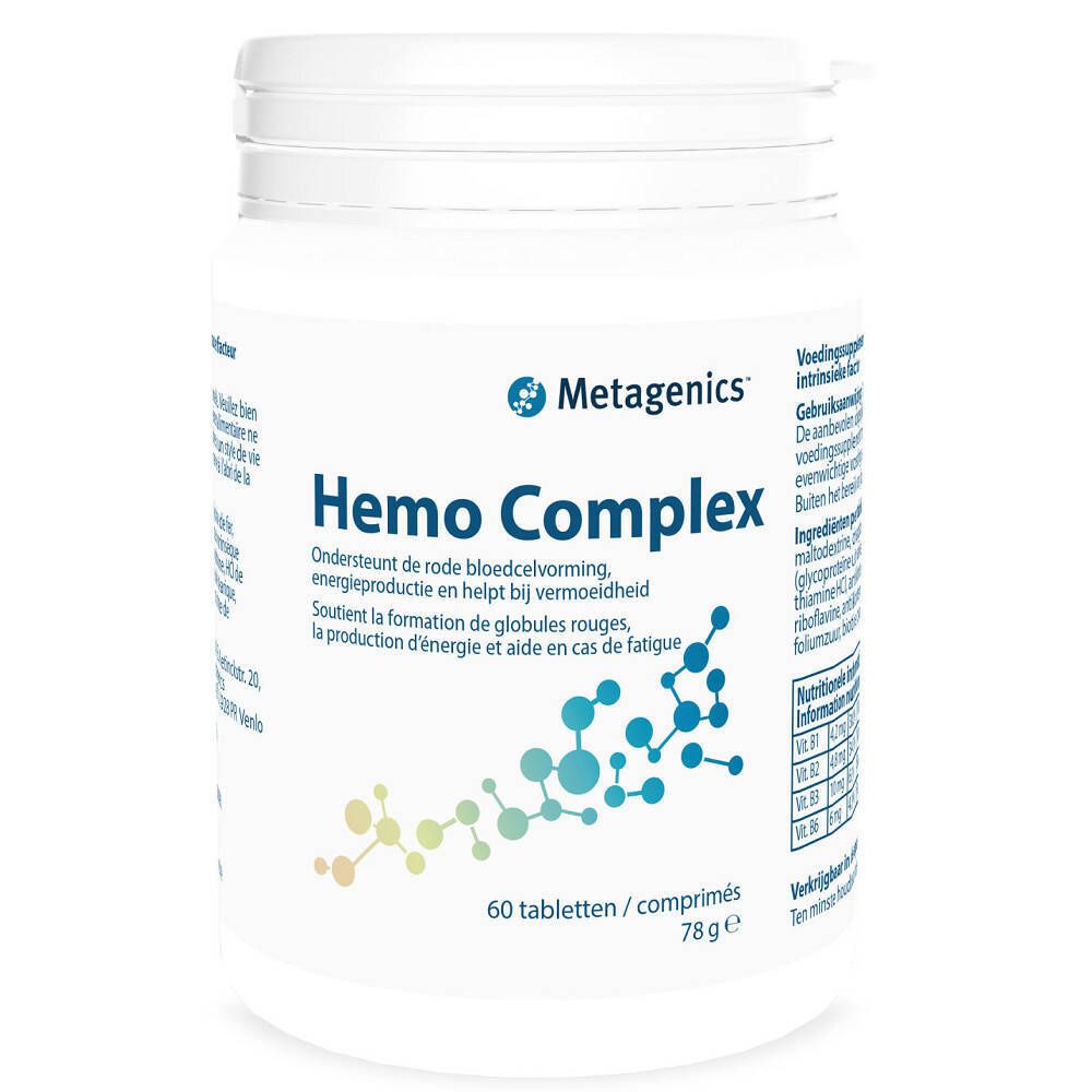 Flacon de comprimés blanc avec étiquette bleue et blanche. Inscription: Hemo Complex, 60 comprimés. Marque: Metagenics.