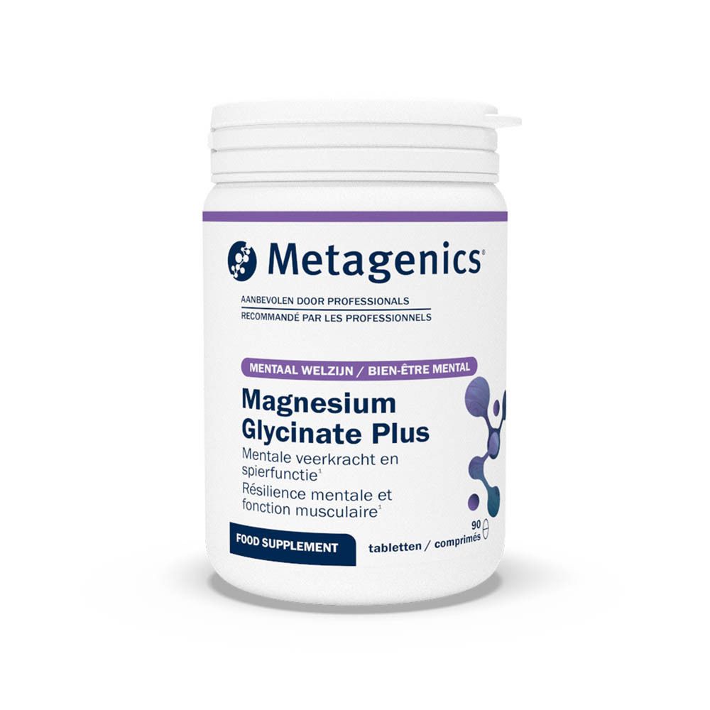Weiße Flasche mit Magnesium Glycinate Plus. Marke Metagenics. Text auf Deutsch.