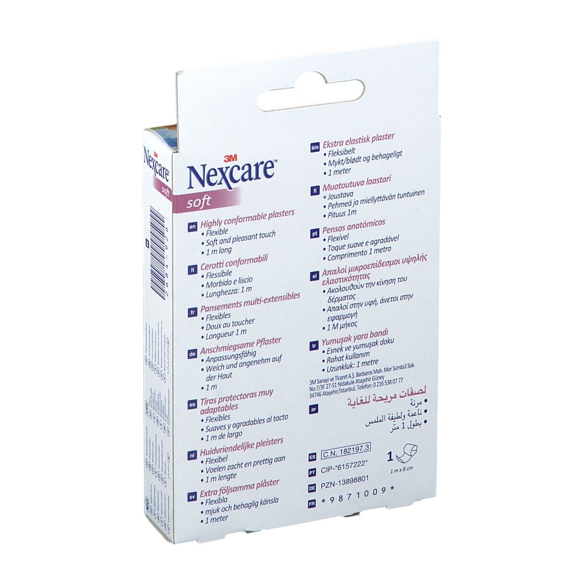 Dos de l'emballage avec informations produit. Texte: 3M Nexcare soft, pansements souples, 1 mètre. Informations multilingues.
