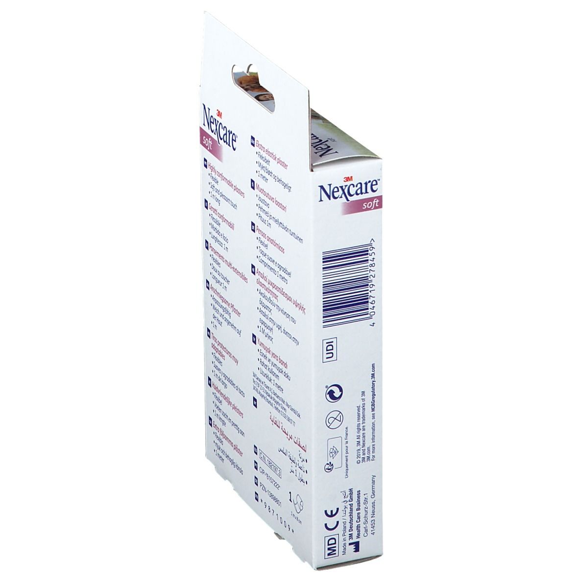Vue latérale de l'emballage avec code-barres et informations. Texte: 3M Nexcare soft, UDI, marquage CE.