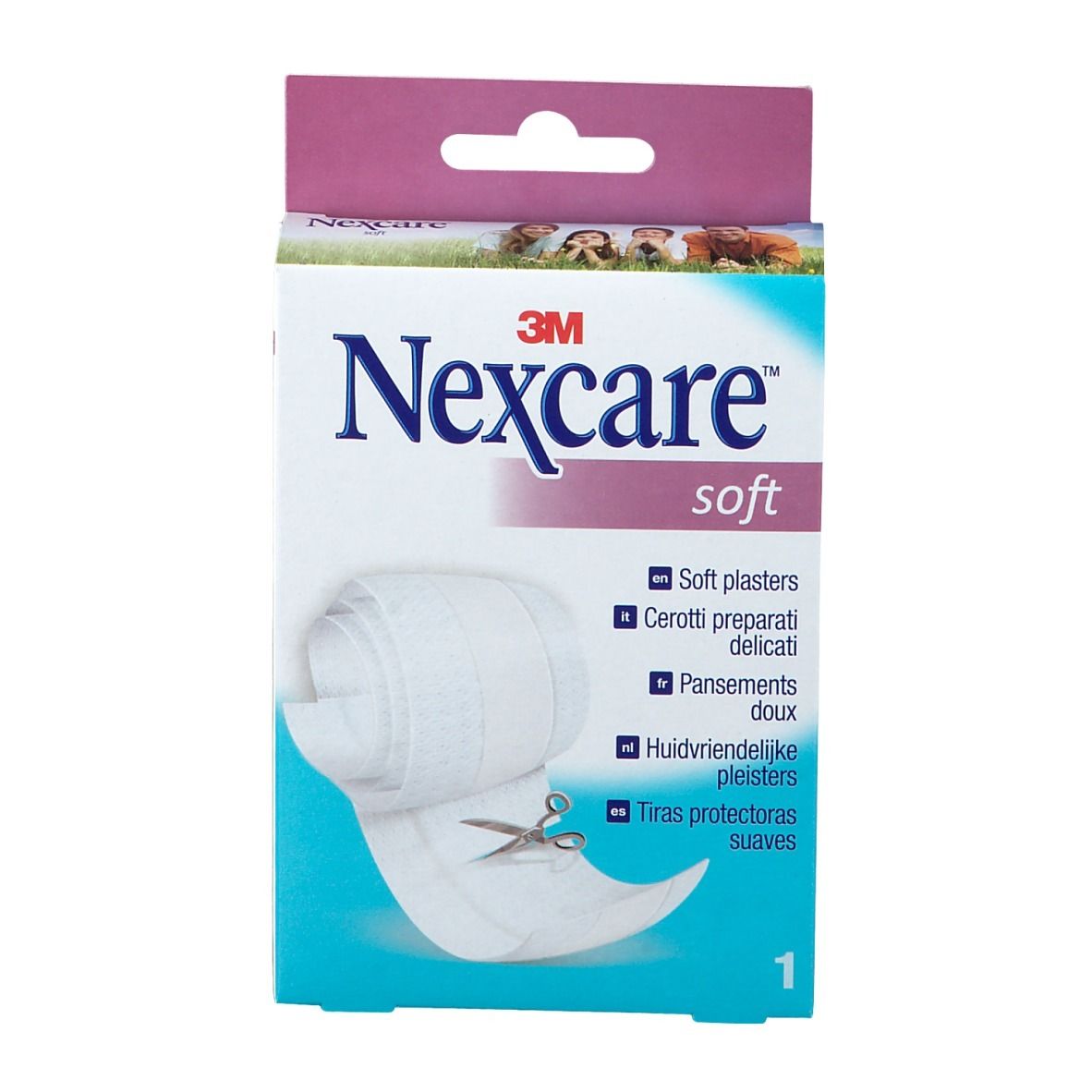 Boîte de pansements doux 3M Nexcare. Rouleau de pansement et ciseaux visibles. Texte: Soft plasters, 1.