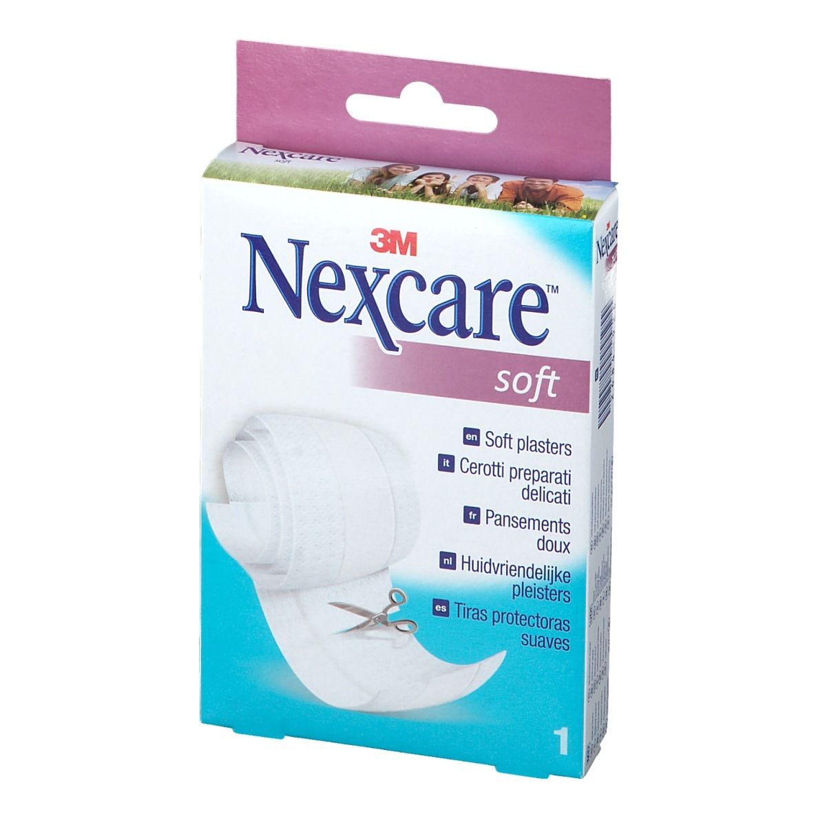 Boîte de pansements doux 3M Nexcare. Rouleau de pansement et ciseaux visibles. Texte: Soft plasters, 1.