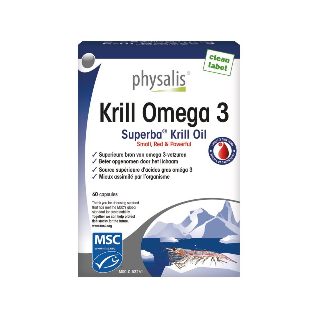 Krill Omega 3 capsule doos. Blauw-witte verpakking met productnaam en logo. MSC-certificering.