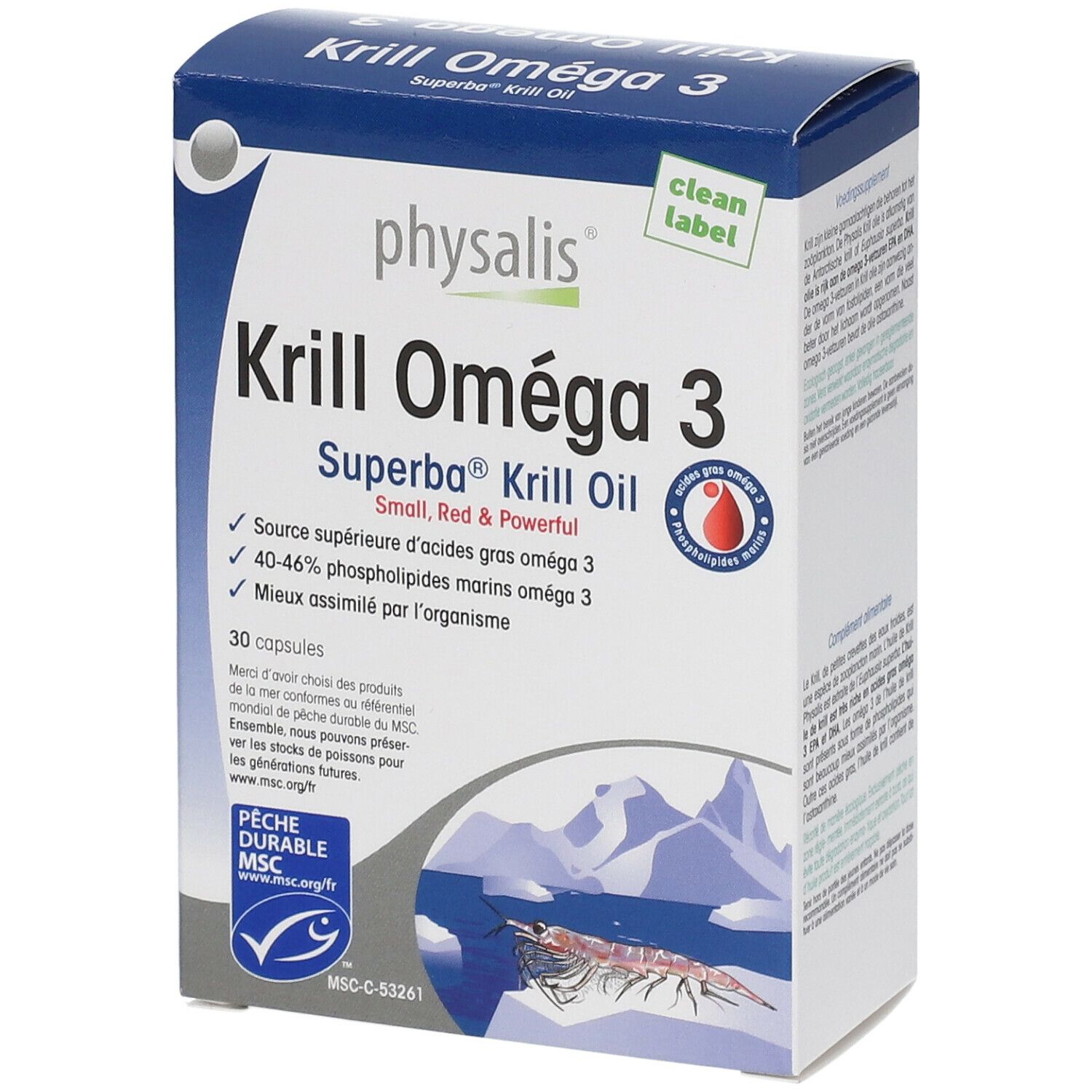 Doosje Krill Omega 3 capsules. Blauw-witte verpakking met productnaam en logo. MSC-certificering.