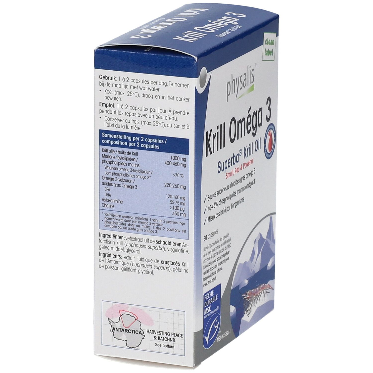 Achterkant van de Krill Omega 3 capsule doos. Bevat informatie over ingrediënten en dosering. MSC-logo.