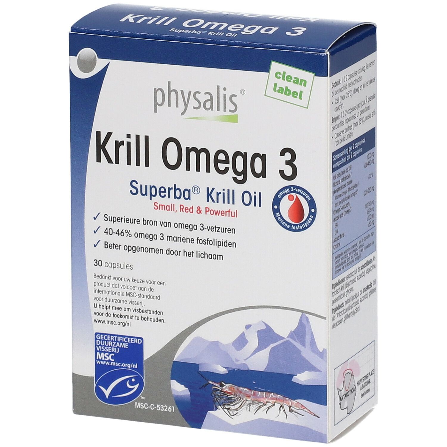 Krill Omega 3 capsule doos. Blauw-witte verpakking met productnaam en logo. MSC-certificering.