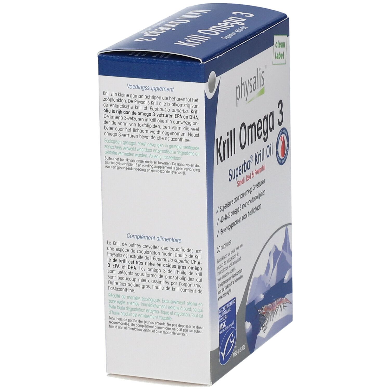 Krill Omega 3 capsule doos. Blauw-witte verpakking met productnaam en logo. MSC-certificering.