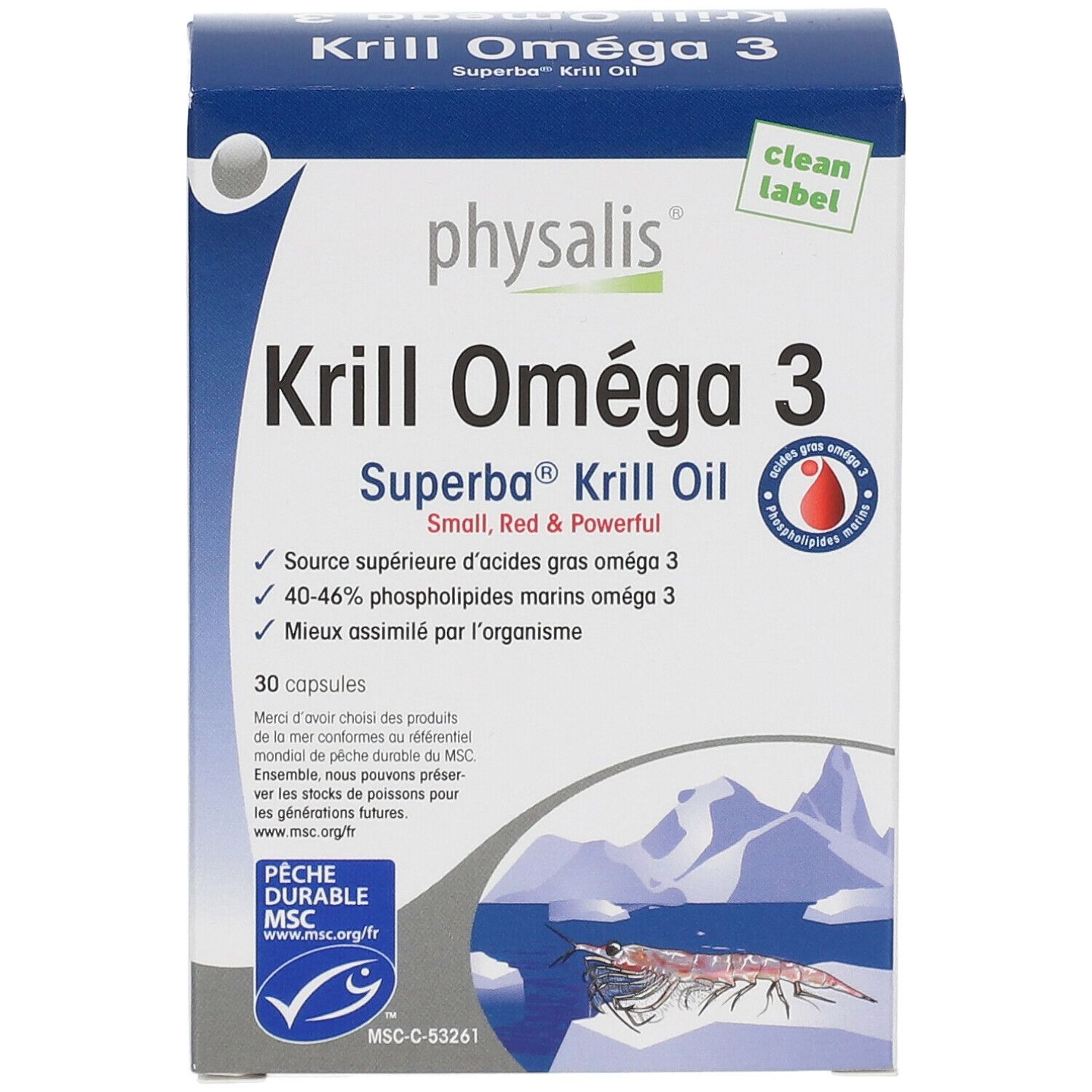 Krill Omega 3 capsule doos. Blauw-witte verpakking met productnaam en logo. MSC-certificering.