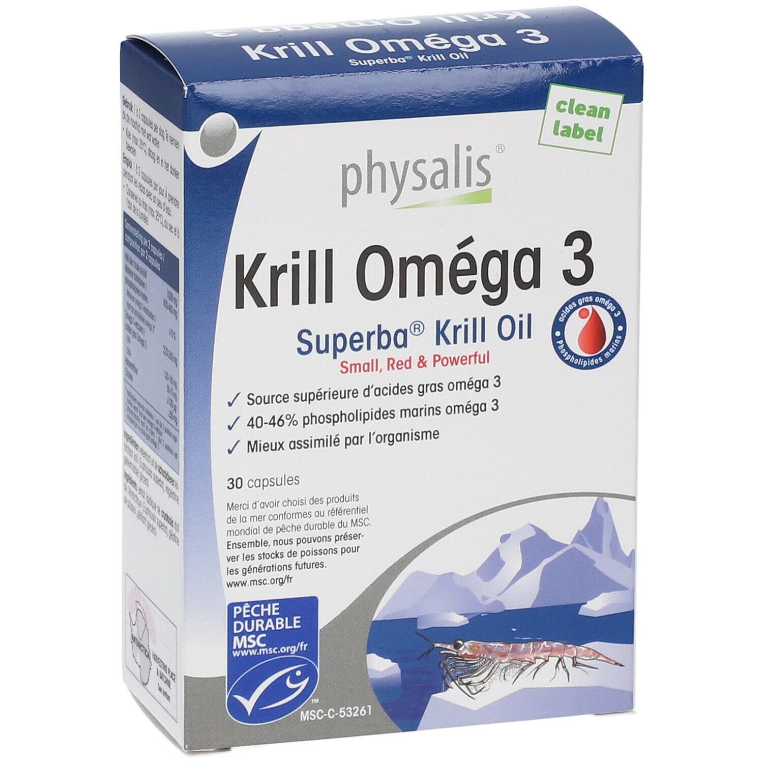 Krill Omega 3 capsule doos. Blauw-witte verpakking met productnaam en logo. MSC-certificering.