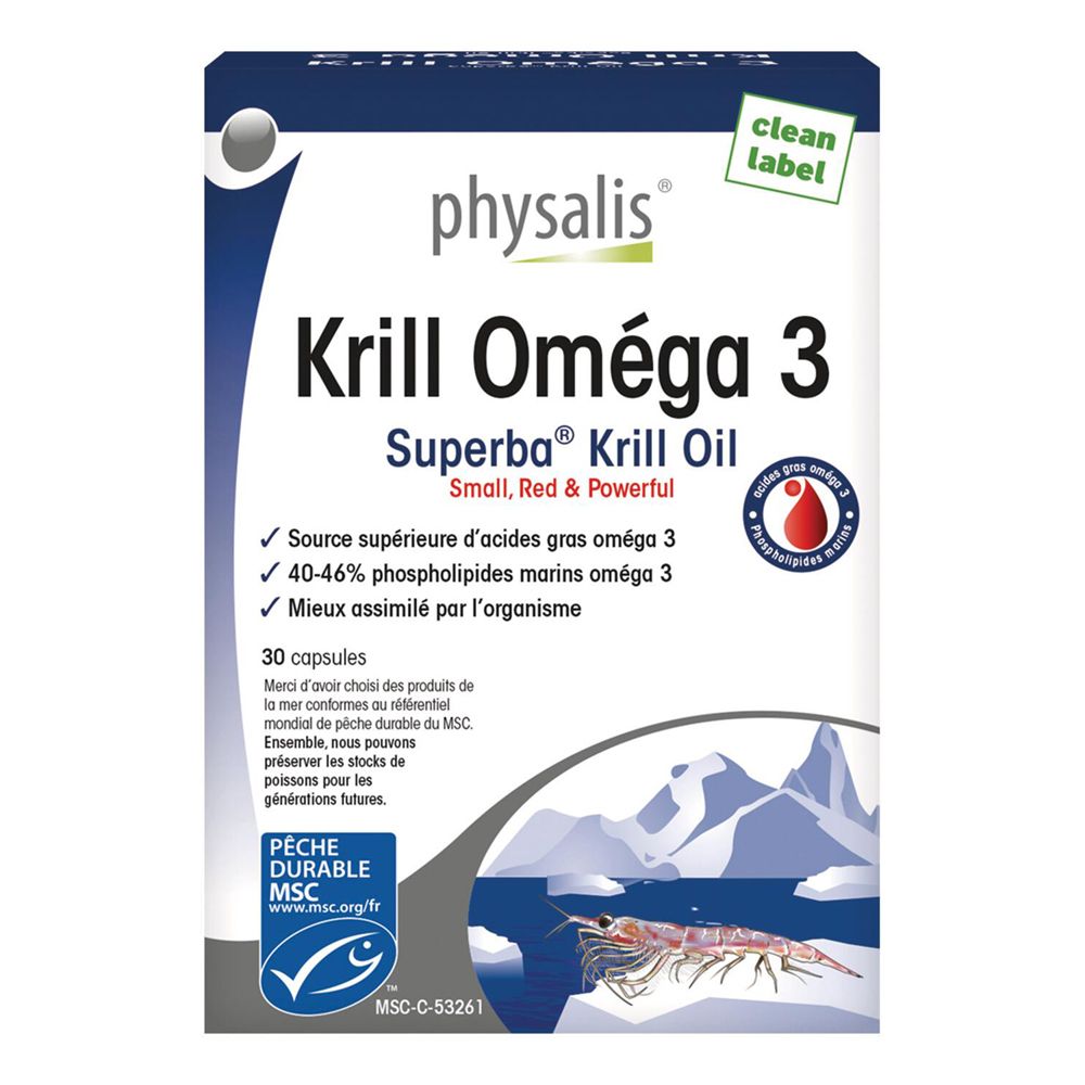 Blaue und weiße "Krill Omega 3"-Schachtel. Enthält 30 Kapseln. MSC-Siegel. Kleines rotes Logo.