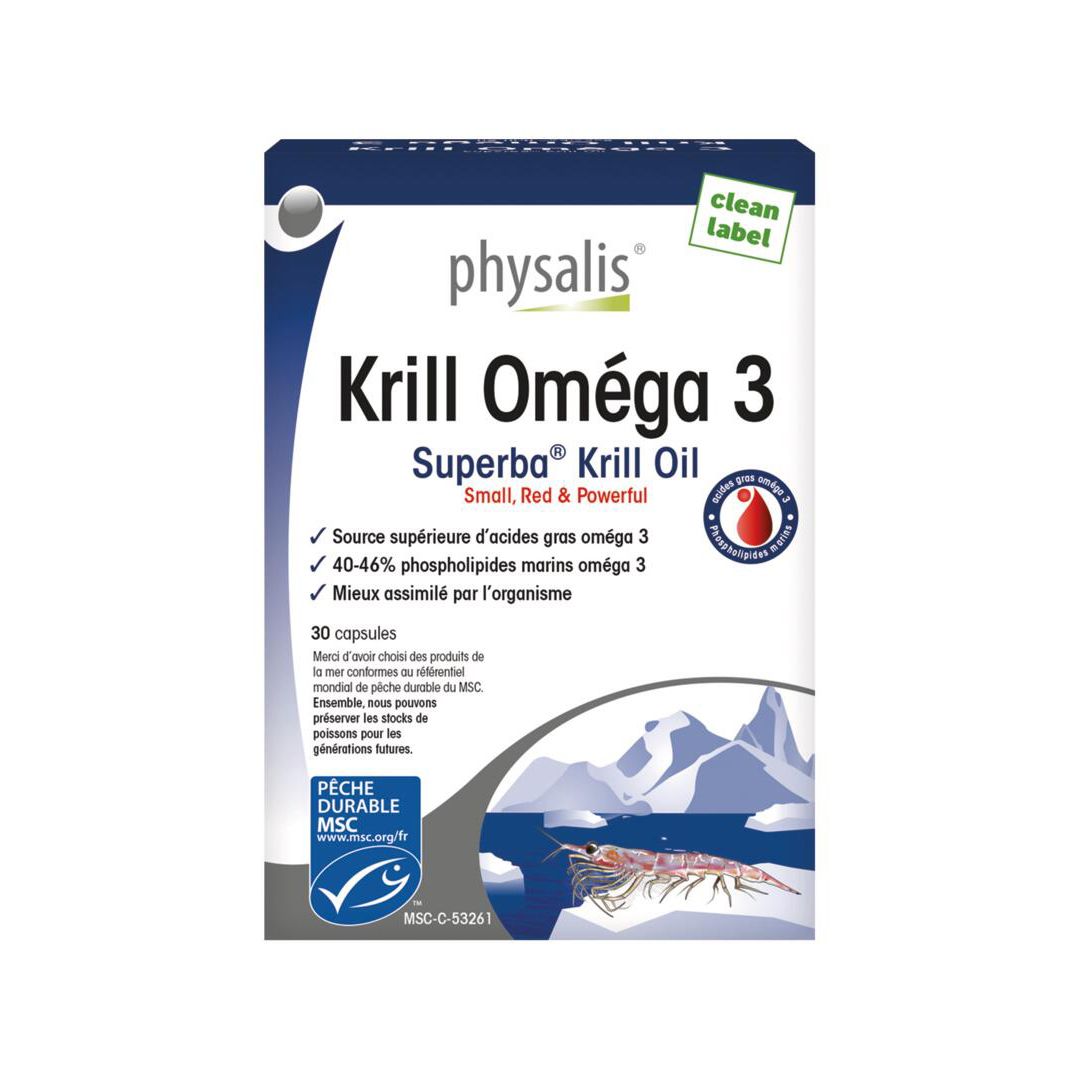 Boîte "Krill Omega 3" bleue et blanche. Contient 30 capsules. Label MSC. Petit logo rouge.