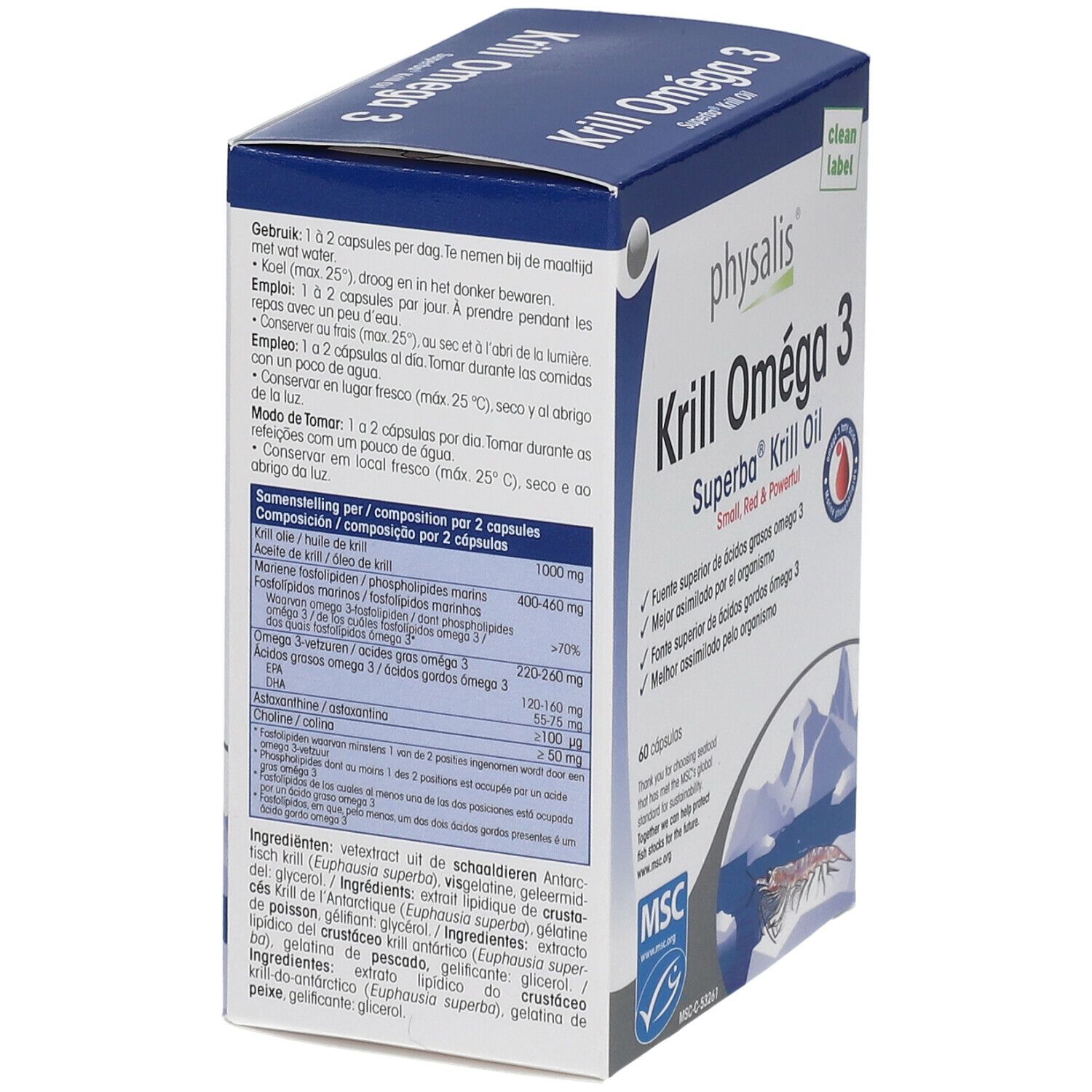 Rückseite der "Krill Omega 3"-Schachtel. Enthält Informationen zu Inhaltsstoffen und Dosierung. MSC-Siegel.