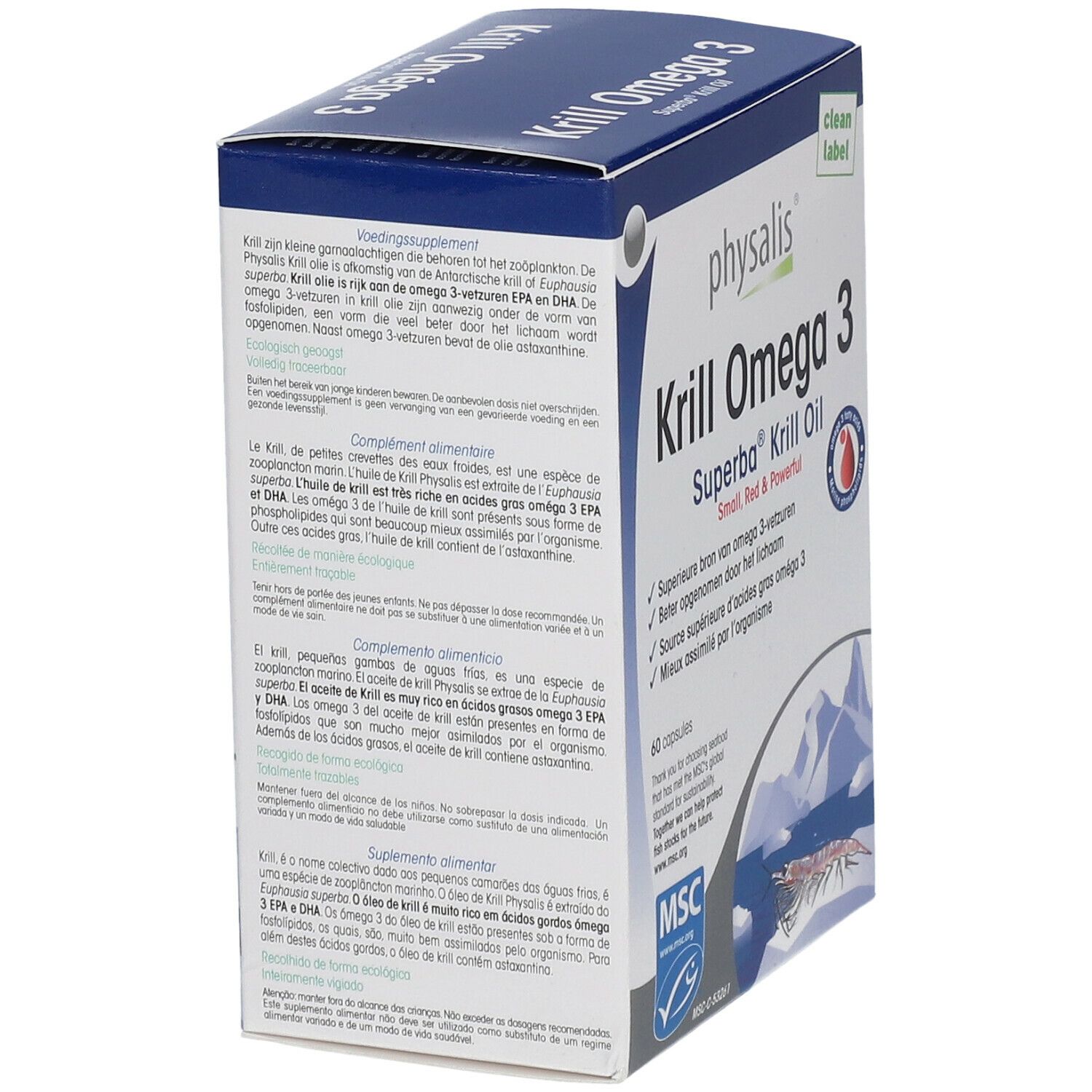 Rückseite der "Krill Omega 3"-Schachtel. Enthält Informationen zu Inhaltsstoffen und Dosierung. MSC-Siegel.