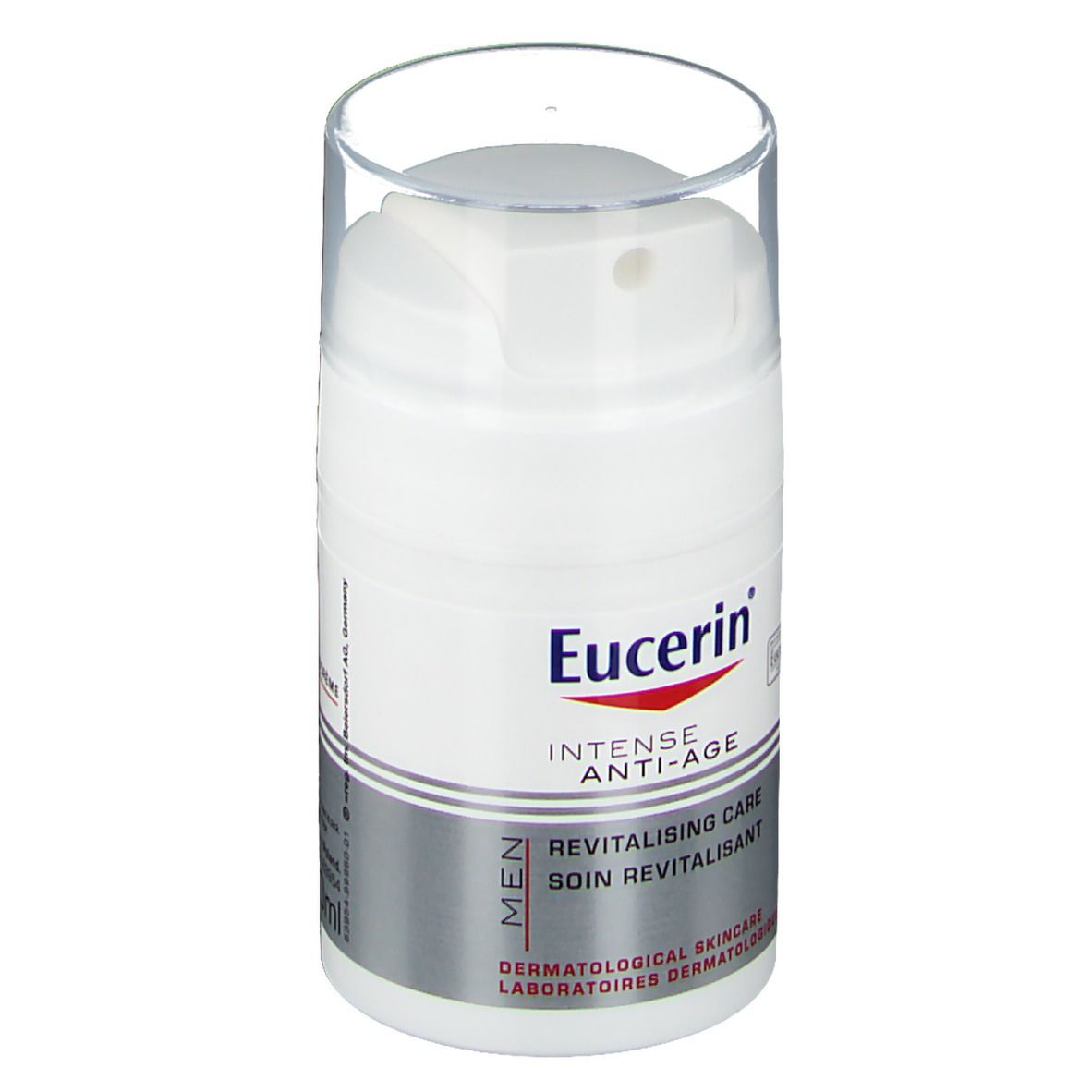 Weiße Flasche mit Sprühkopf. Aufschrift: Eucerin, Intense Anti-Age, revitalisierende Pflege. Für Männer.