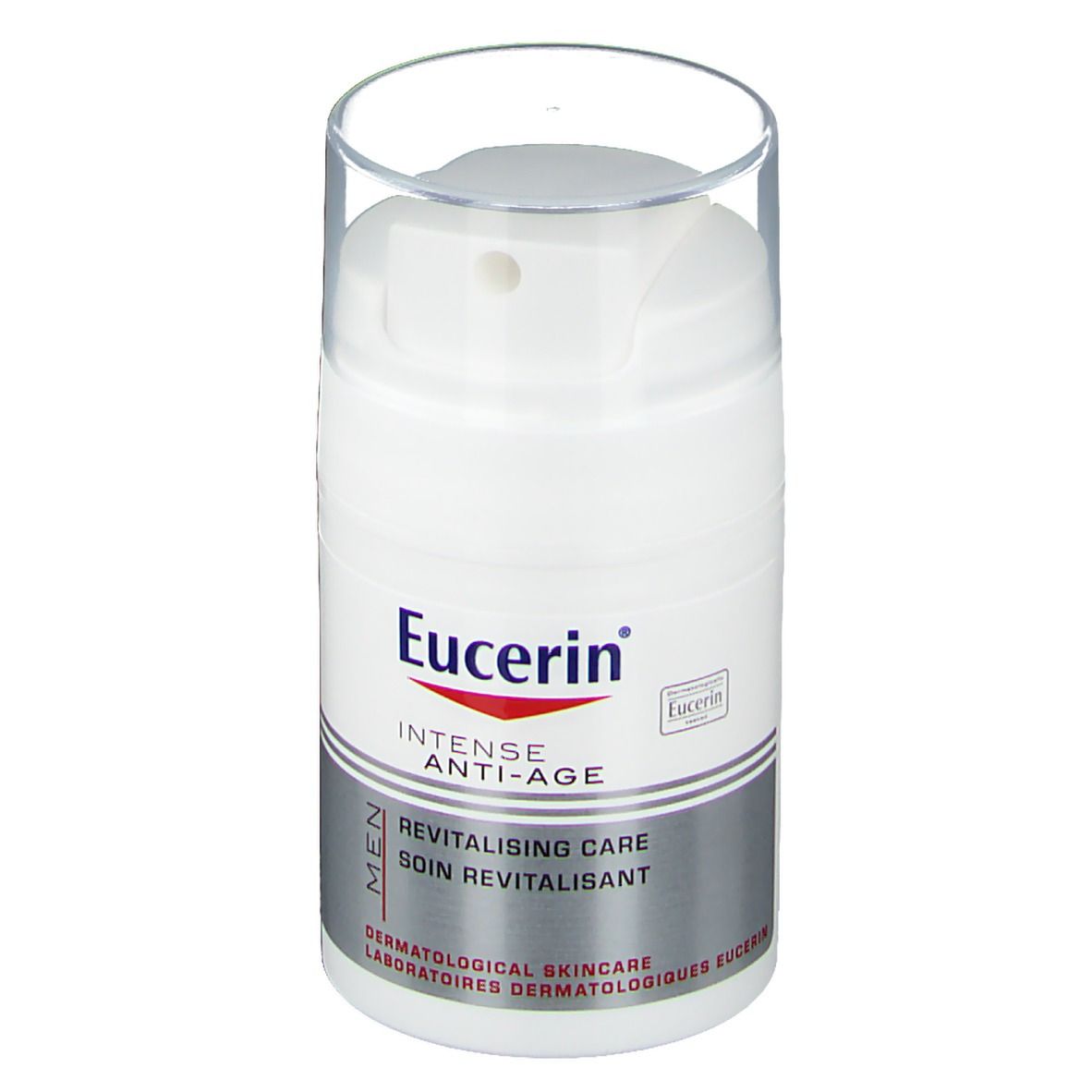 Weiße Flasche mit Sprühkopf. Aufschrift: Eucerin, Intense Anti-Age, revitalisierende Pflege. Für Männer.
