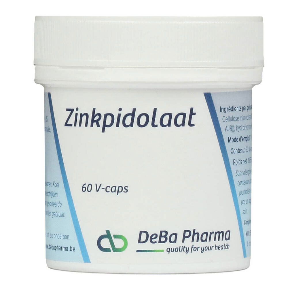 Boîte blanche avec inscription Zinkpidolaat, 60 V-caps. Logo DeBa Pharma.