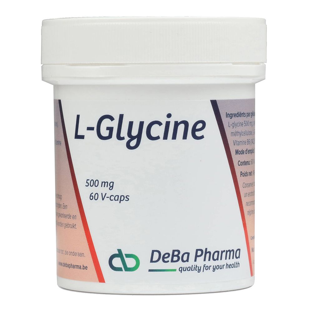 Weiße Dose mit Deckel. Aufschrift: L-Glycine 500 mg, 60 V-caps. Marke: DeBa Pharma.
