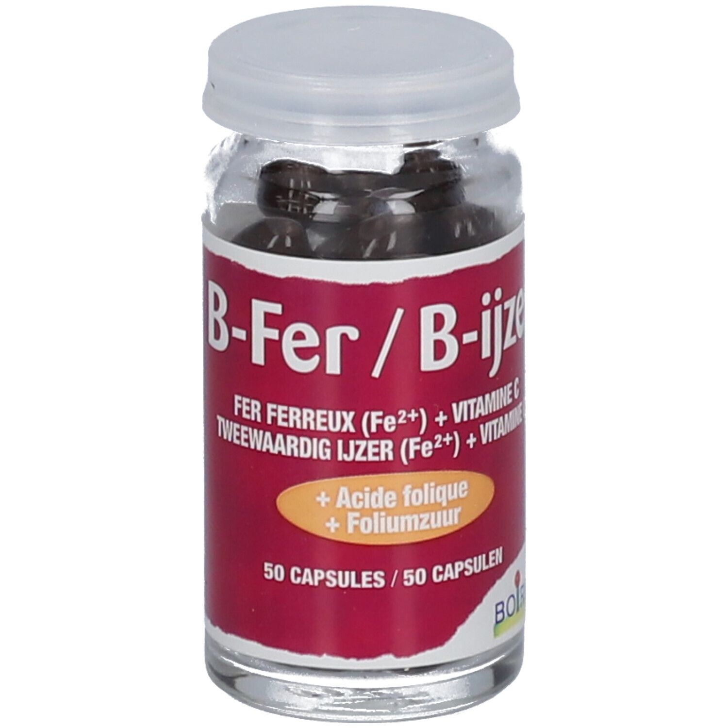 Flacon en verre avec gélules. Inscription: B-Fer/B-ijzer, fer, vitamine C, acide folique. 50 gélules. Marque Boiron.