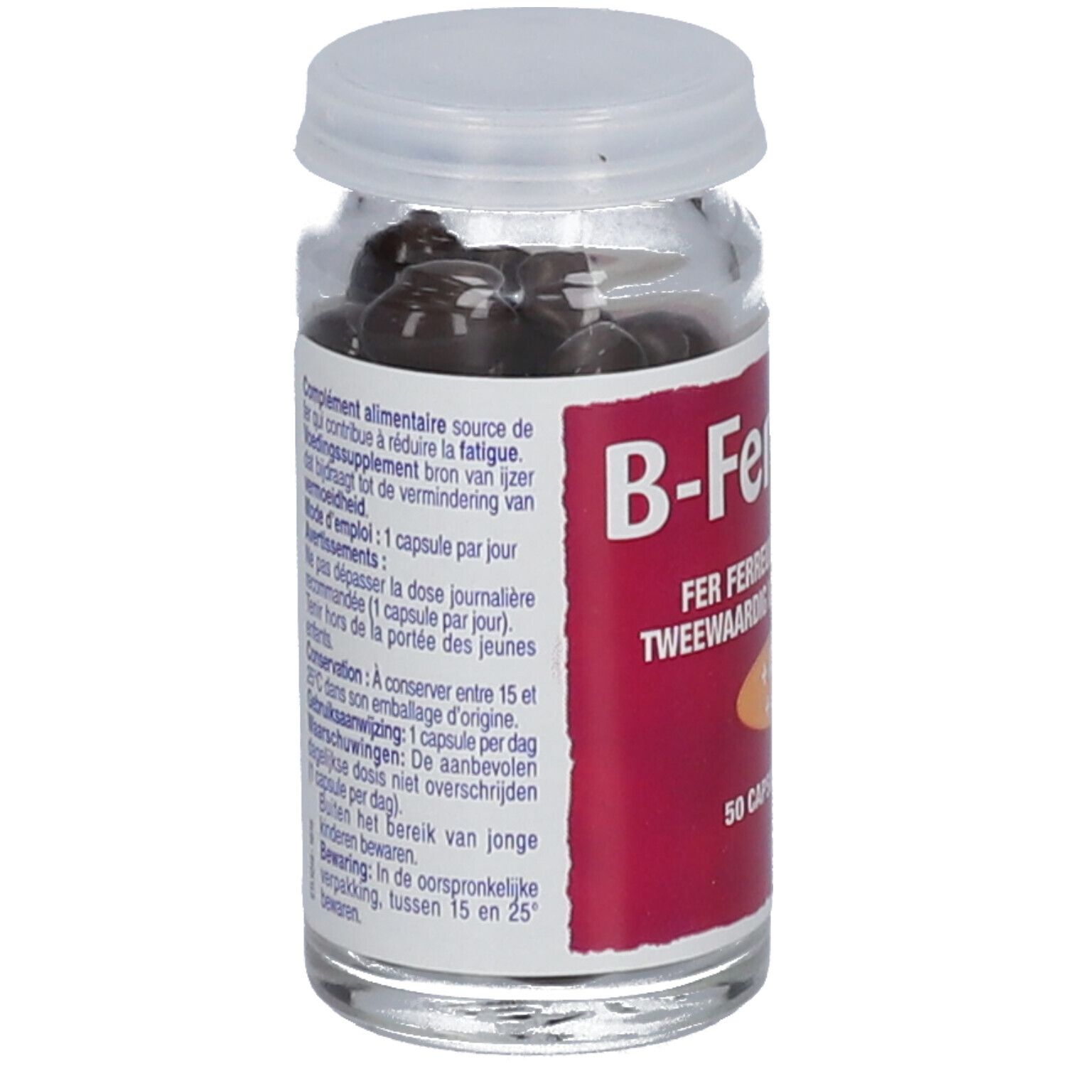 Flacon en verre avec gélules. Inscription: B-Fer, fer, vitamine C, acide folique. 50 gélules. Marque Boiron. Texte en français et néerlandais.