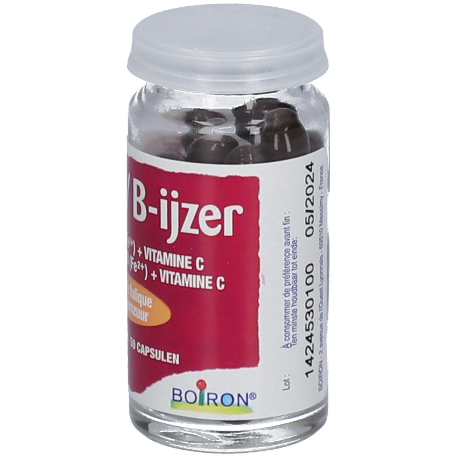 Flacon en verre avec gélules. Inscription: B-ijzer, fer, vitamine C. 50 gélules. Marque Boiron. Date de péremption 05/2024.