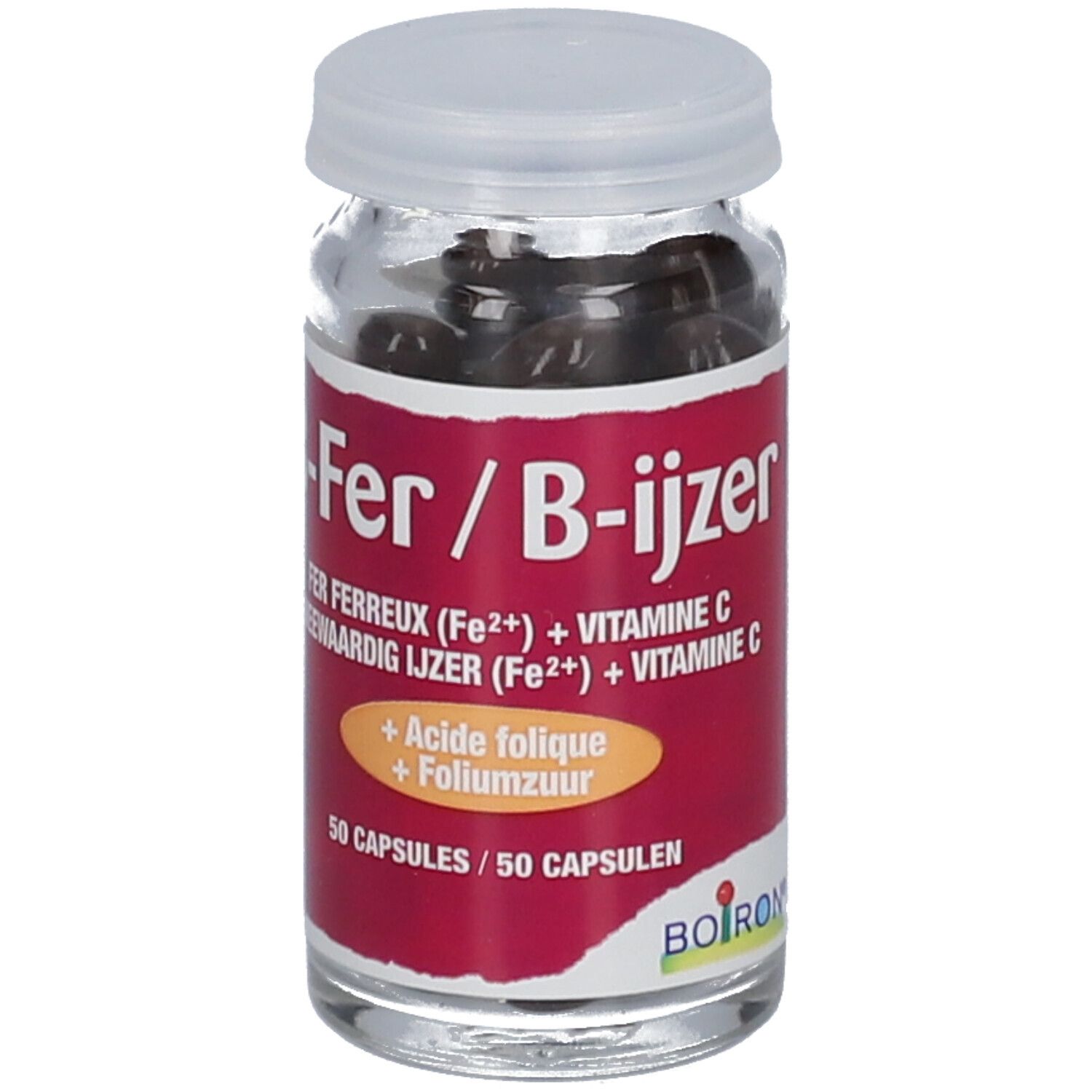 Flacon en verre avec gélules. Inscription: B-Fer/B-ijzer, fer, vitamine C, acide folique. 50 gélules. Marque Boiron.