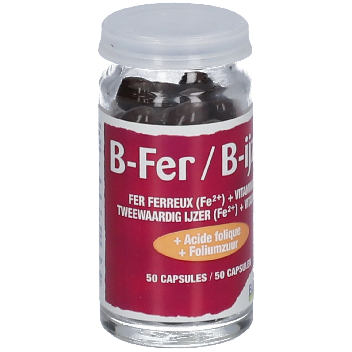 Flacon en verre avec gélules. Inscription: B-Fer/B-ijzer, fer, vitamine C, acide folique. 50 gélules. Marque Boiron.