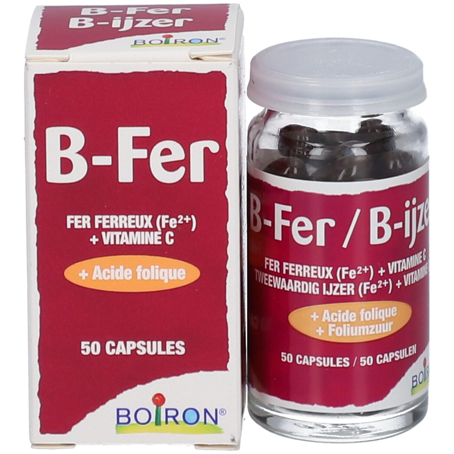 Flacon et boîte avec gélules. Inscription: B-Fer/B-ijzer, fer, vitamine C, acide folique. 50 gélules. Marque Boiron.