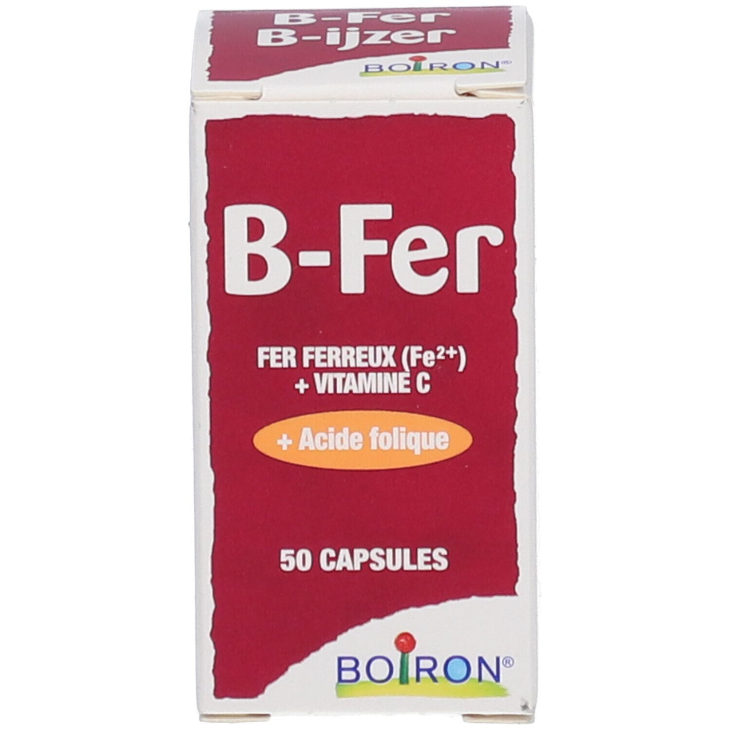 Boîte avec gélules. Inscription: B-Fer, fer, vitamine C, acide folique. 50 gélules. Marque Boiron.