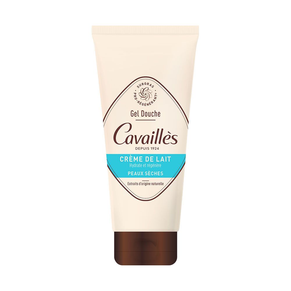 Beige tube met bruine dop. Opschrift: Cavaillès, Gel Douche, Crème de Lait, Peaux Sèches.