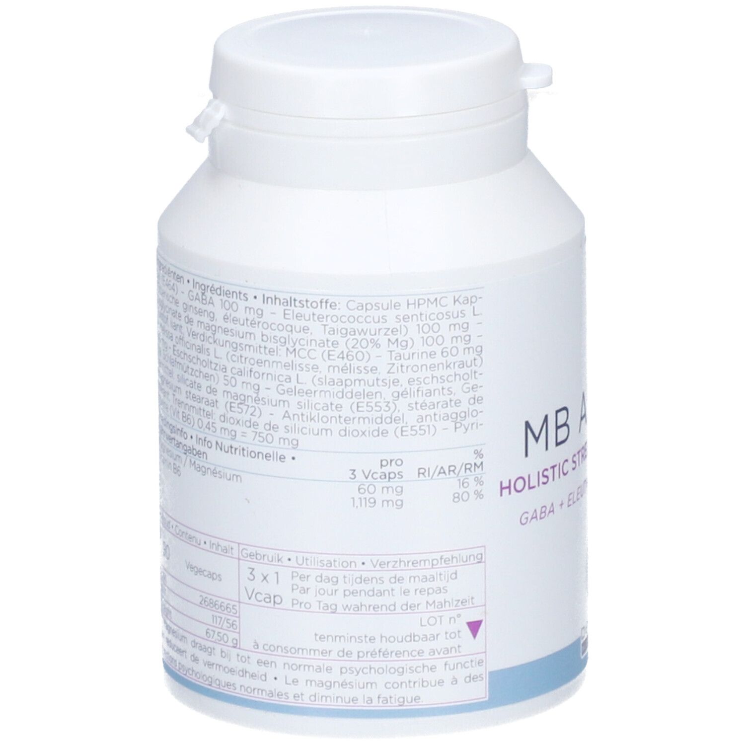 Dos de la bouteille de comprimés. Liste des ingrédients, informations nutritionnelles et recommandations. MB Adapt.