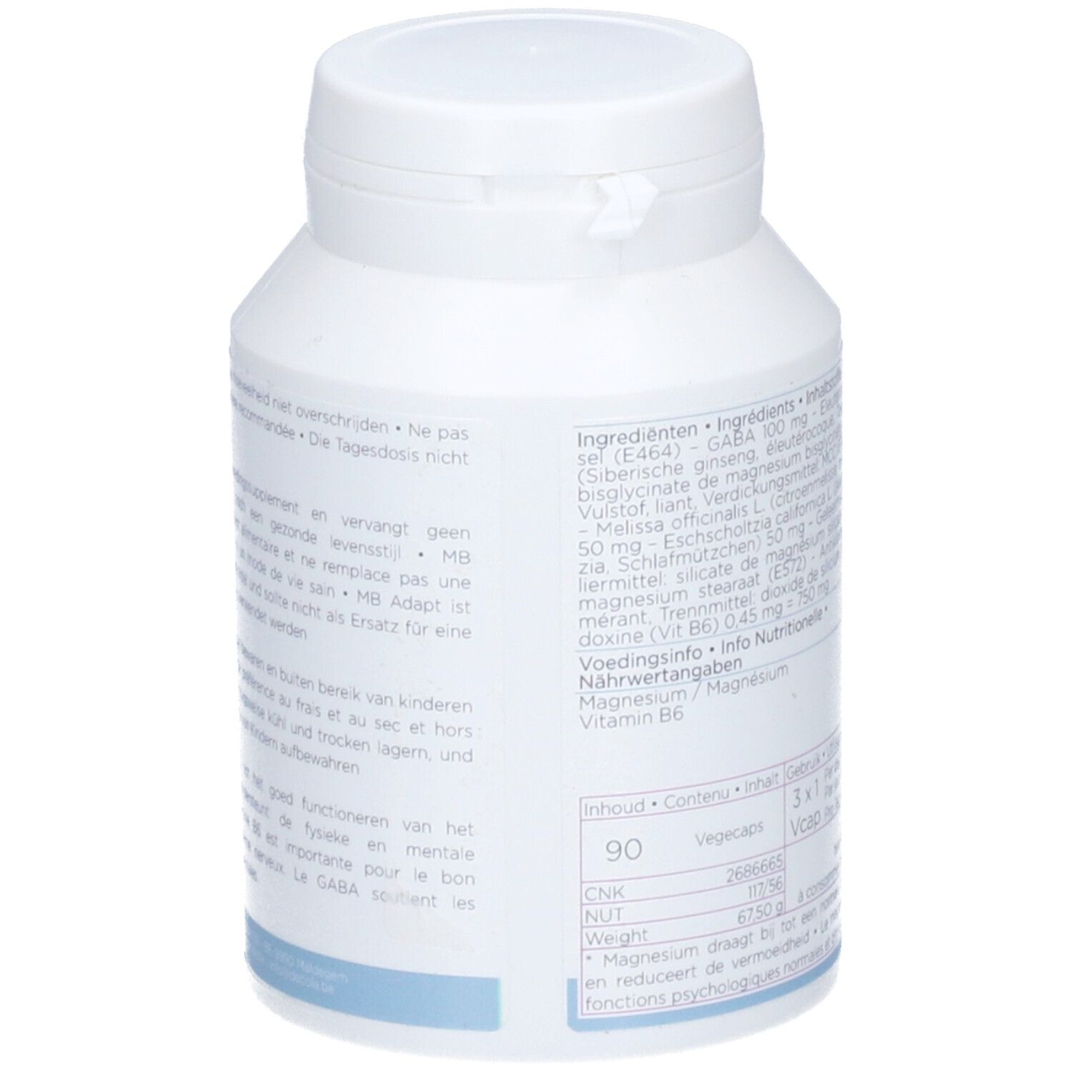 Dos de la bouteille de comprimés. Liste des ingrédients, informations nutritionnelles et recommandations. MB Adapt, 90 gélules.